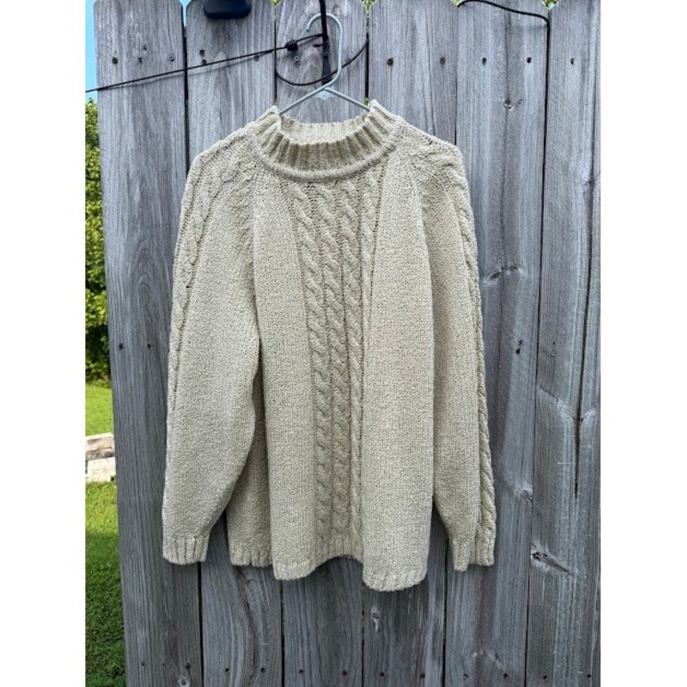 Cottagecore Grandma Maggie Lawrence Cable Knit Sweater Large Beige Mock Neck